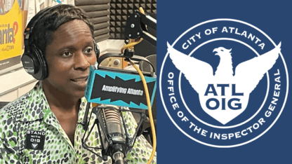 Atlanta Inspector General Shannon Manigault sits in the WABE studios in front of a microphone on the left. The seal of the Atlanta Office of the Inspector General is on the right, which depicts the outline of a white eagle against a dark blue background.