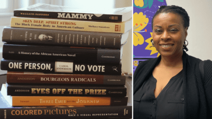 A stack of books on the left and a photo of Kali Nicole Gross, chair of African American Studies at Emory, on the right.