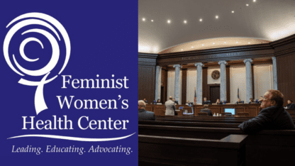 The Feminist Women's Health Center logo on the left and a picture of a courtroom on the right.