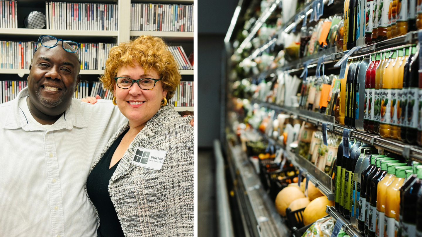 A picture of Aubrey Lenyard and Brandy Stanfield-Nagel, who are both co-directors of the Georgia Tech Food and Beverage Accelerator on the left. A picture of a grocery store display is on the right.