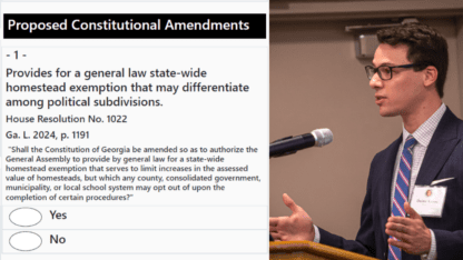 A screenshot of Georgia ballot measure on the left and a picture of Daniel Kanso speaking at a podium on the right.