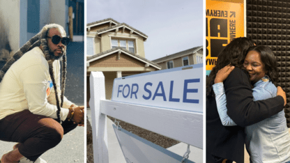 Three pictures side by side showing spoken word artist Adan Bean, a house with a For Sale sign outside, and HomeStretch Executive Director Chery Carter hugging Tawana Thompson, a participant in the HomeStretch supportive housing program.