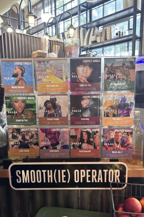 Different names for fruit smoothies accompanied with a picture of the celebrity the name was inspired by.