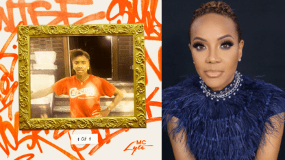 The album cover for MC Lyte's new release, 1 of 1, which features a picture frame of a child against a white background with orange markings. On the left is a portrait of MC Lyte herself.