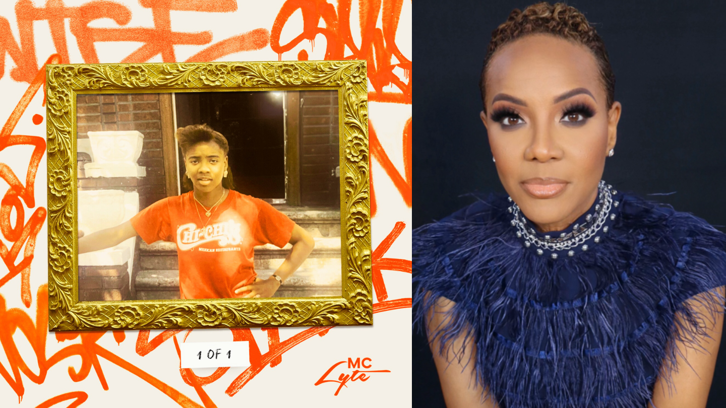 The album cover for MC Lyte's new release, 1 of 1, which features a picture frame of a child against a white background with orange markings. On the left is a portrait of MC Lyte herself.