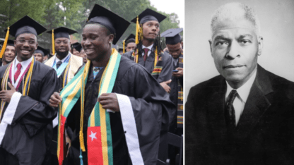 A picture of Morehouse College graduates on the left and a picture of Benjamin E. Mays on the right.