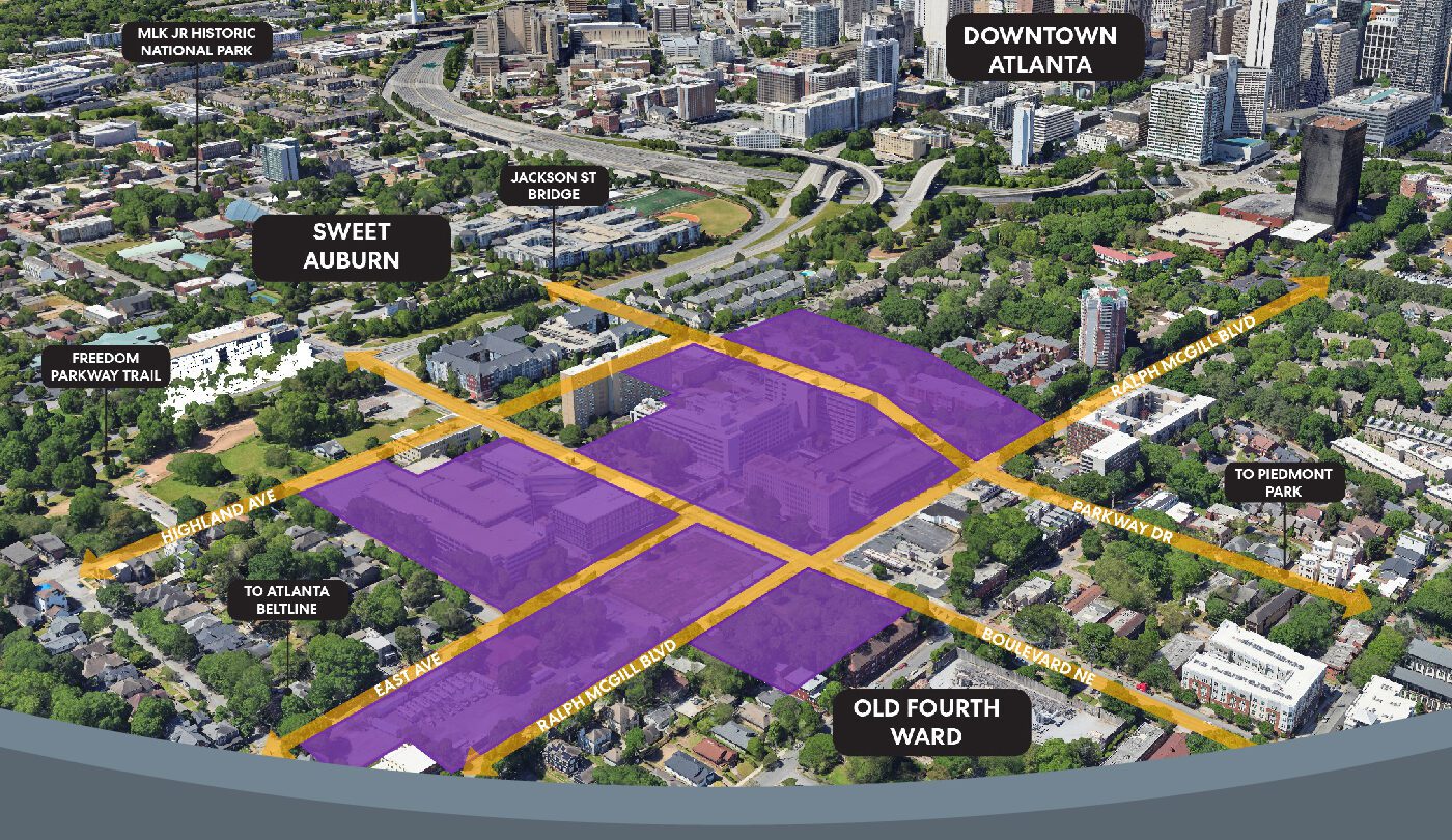 A birds eye view of the rendering of the redevelopment plan for the former Atlanta Medical Center. The area is highlighted in purple.