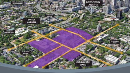 A birds eye view of the rendering of the redevelopment plan for the former Atlanta Medical Center. The area is highlighted in purple.