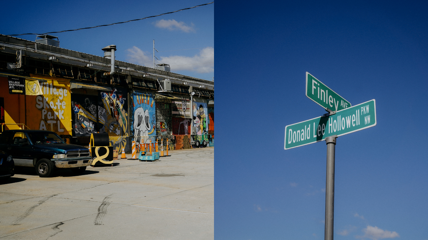 A graphic depicting the outside of Village Skatepark ATL on the left and road signs on the right.