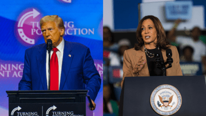 Side by side images of Donald Trump at a Turning Point rally in Duluth and Kamala Harris at a rally in Atlanta