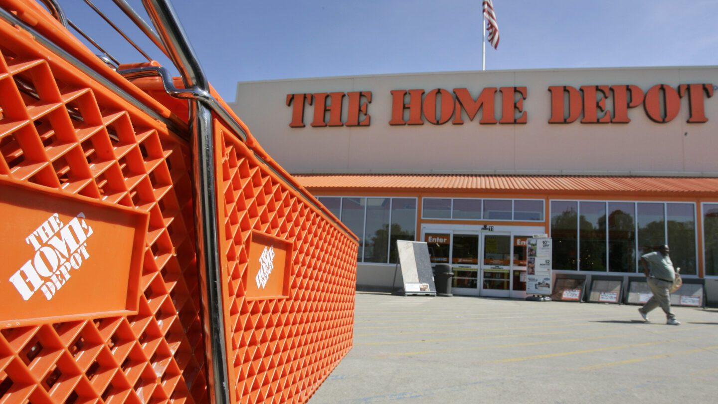 an orange cart in front of a Home Depot store.