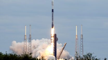 A SpaceX Falcon 9 rocket with a satellite payload on behalf of the Indian Space Research Organization lifts off from launch complex 40 at the Cape Canaveral Space Force Station in Cape Canaveral, Fla.