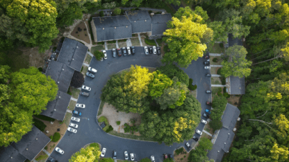 A circular parking lot shot from a bird's eye view.