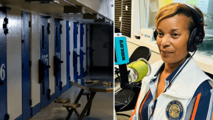 A photo of the Fulton County Jail on the left and a photo of Georgia State Sen. Sonya Halpern in the WABE studio on the right.