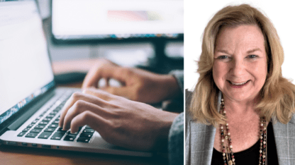 An image of a pair of hands typing at a laptop computer on the left and a picture of Melinda Little on the right.