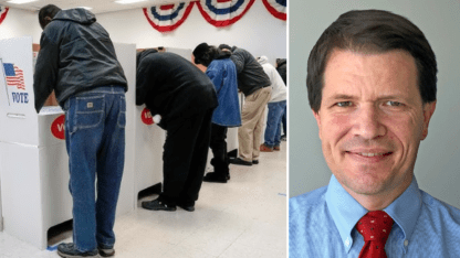 People voting at the polls on the left and a photo of AP reporter Jeff Amy on the right.