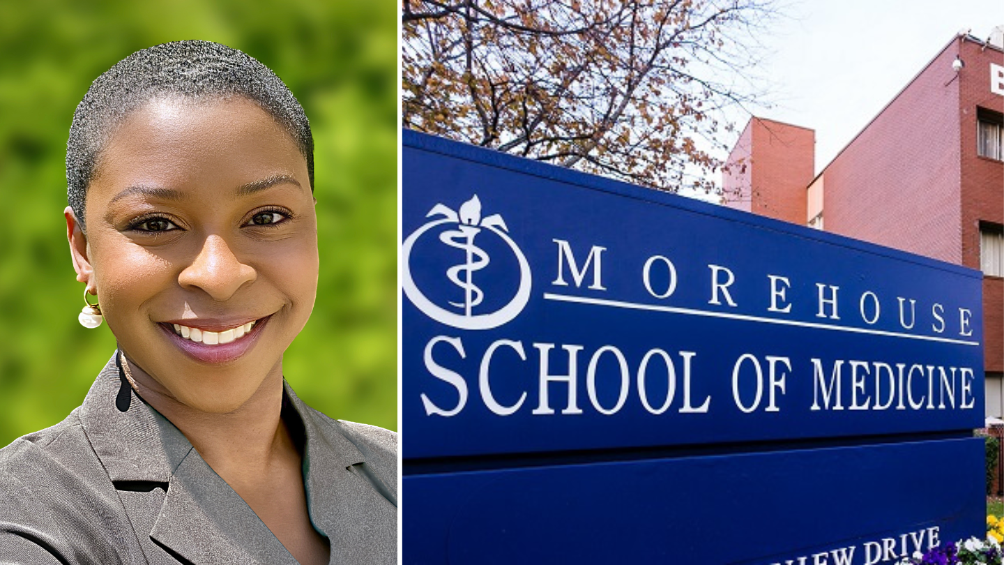 Dr. Lasha Clarke on the left and the Morehouse School of Medicine sign on the right.