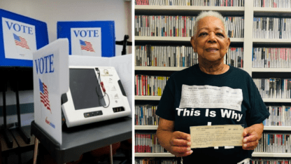 A voting booth on the left and Loretta Green at WABE on the right.