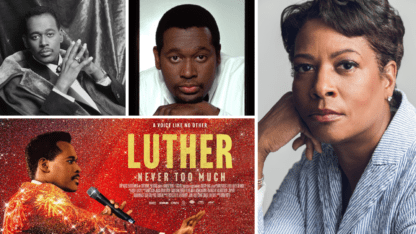 The poster of a documentary called Luther: Never Too Much, next to a portrait of documentarian Dawn Porter.