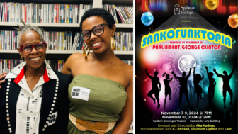 On the left, Aku Kadogo and Maddison Gardner pose in the WABE building, and on the right, a poster of the musical showcase Sankofunktopia at Spelman College.