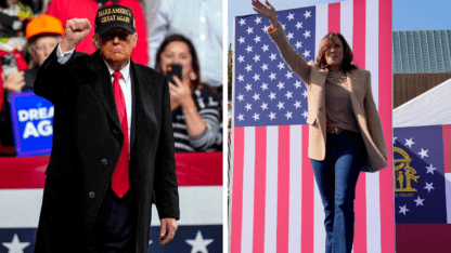 Donald Trump at a Macon rally on the left and Kamala Harris at an Atlanta rally on the right.