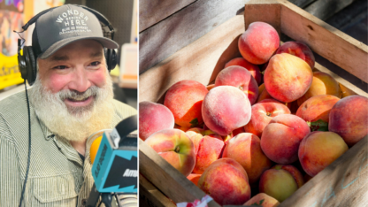 On the left, Henry Ostaszewski sitting in the WABE studio in front of the microphone. A picture of peaches on the right.