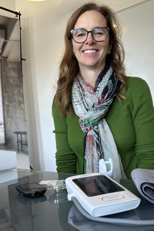 Atlanta Dr. Lucienne Ide, Rimidi Founder and CEO, with one of her maternal health wearable devices. (Jess Mador/WABE)