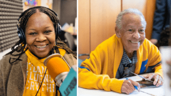 Ann Hill Bond sits in the WABE studio in the photo on the left, and Nikki Giovanni is pictured in the photo on the right.