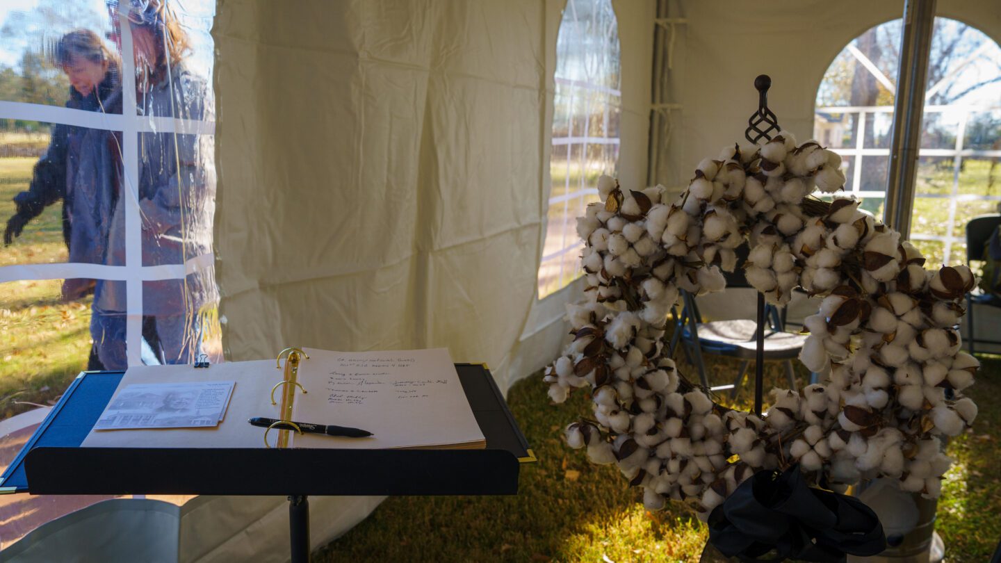 A condolence book and cotton wreath sits in a tent on former President Jimmy Carter's boyhood farm in Archery, Ga on Wednesday, January 9, 2025.