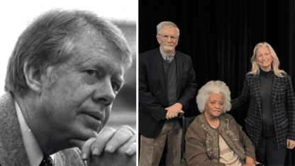 Left photo depicts President Jimmy Carter pictured with hand clasped together. Right photo depicts Dr. Richard Barke, Edie Poe and Marilyn Brown at WABE.